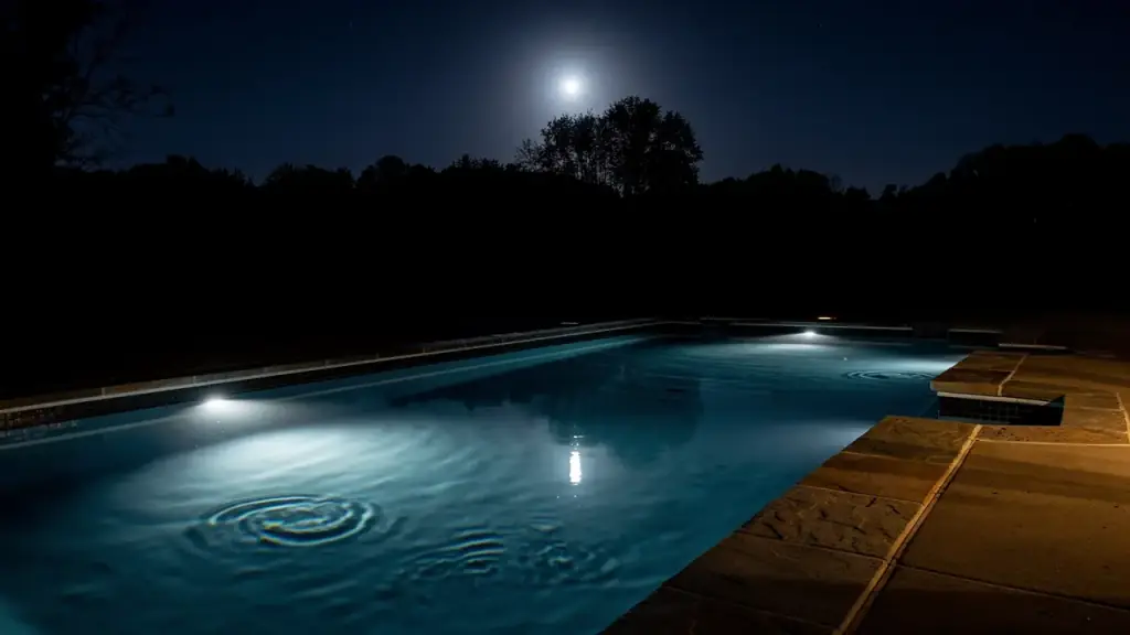 Residential pool lit from below at night with a full moon over the tree line reflected in the water