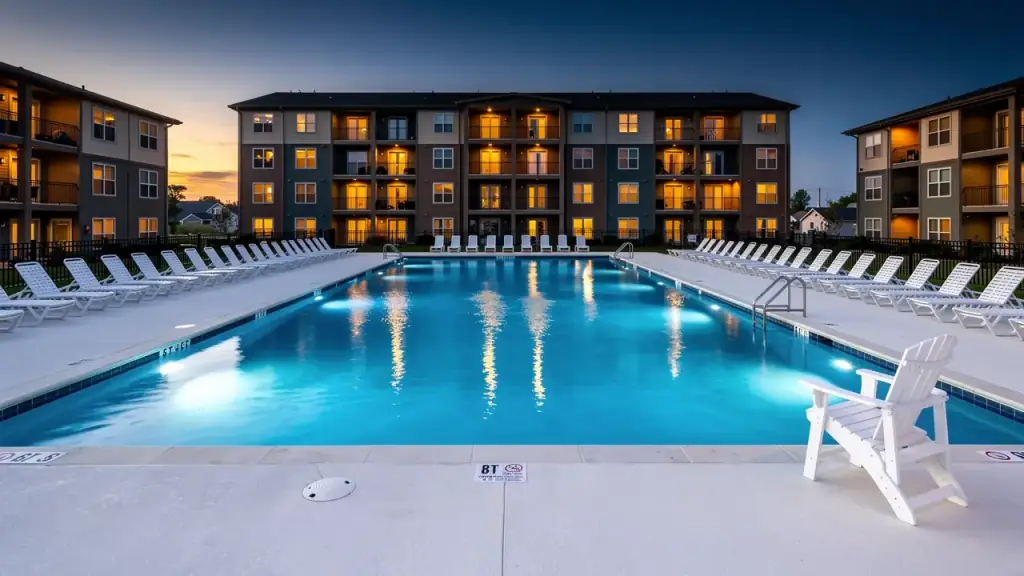 Empty apartment community pool at dusk with lounge chairs and a lifeguard chair