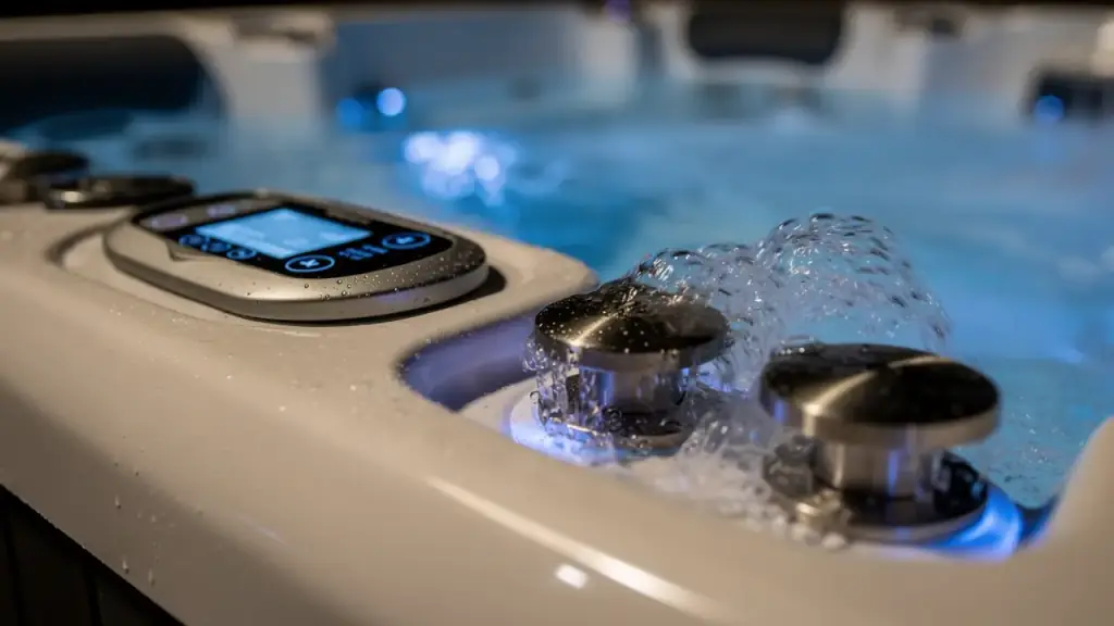 Hot tub control panel and stainless jets in a white acrylic spa shell with bubbling water