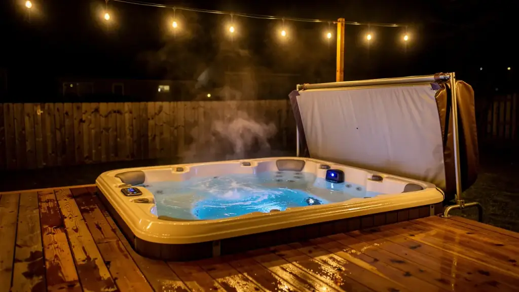 Backyard hot tub at night on a cedar deck with its cover folded back and steam rising