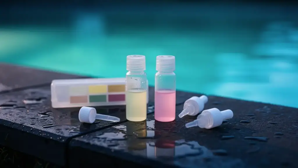Pool water test vials showing yellow and pink readings beside a colour comparator on wet coping