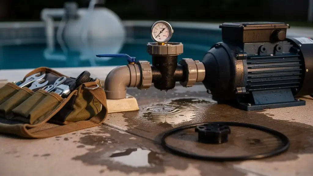 Close view of a pool filter multiport valve and pressure gauge beside a pump motor on a wet pad
