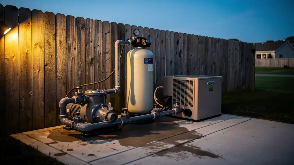 Pool equipment pad at dusk with a pump, a cartridge filter tank with a pressure gauge, and a heater beside a wooden fence